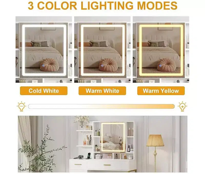 Toeletta con specchio e luci, toeletta da trucco da 108 cm con sgabello, tavolo da trucco con mobile a specchio e sedia, cassetti e ripiani