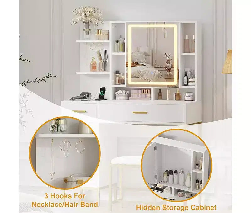Toeletta con specchio e luci, toeletta da trucco da 108 cm con sgabello, tavolo da trucco con mobile a specchio e sedia, cassetti e ripiani