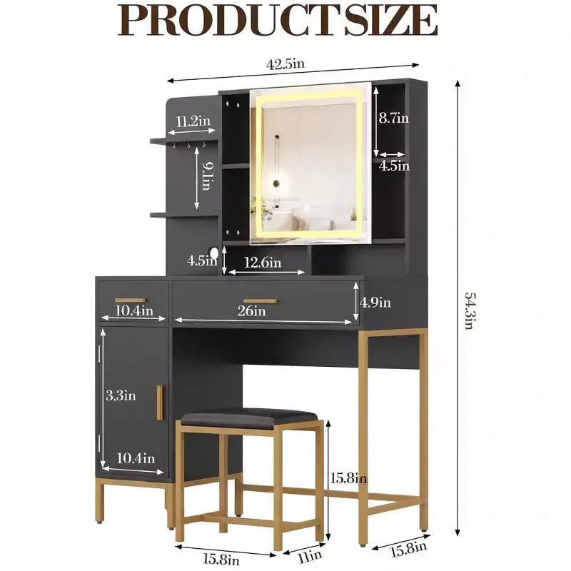 Toeletta con specchio e luci, toeletta da trucco da 108 cm con sgabello, tavolo da trucco con mobile a specchio e sedia, cassetti e ripiani