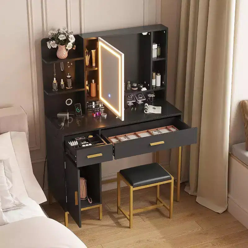 Toeletta con specchio e luci, toeletta da trucco da 108 cm con sgabello, tavolo da trucco con mobile a specchio e sedia, cassetti e ripiani