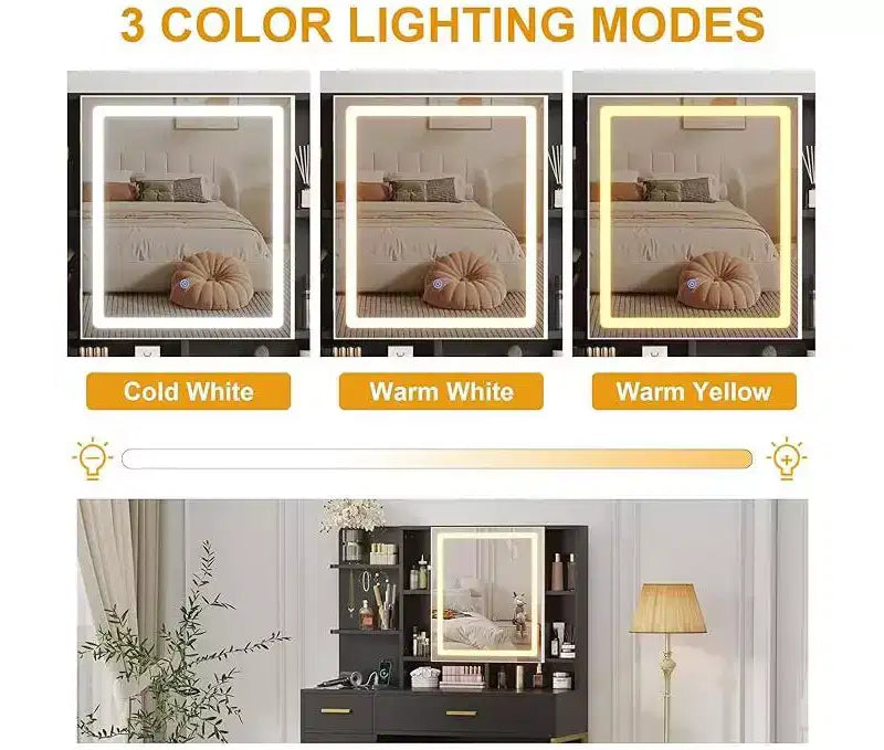 Toeletta con specchio e luci, toeletta da trucco da 108 cm con sgabello, tavolo da trucco con mobile a specchio e sedia, cassetti e ripiani
