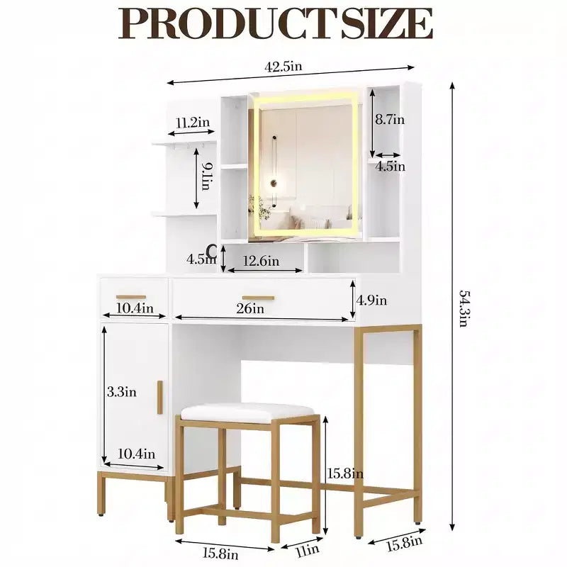 Toeletta con specchio e luci, toeletta da trucco da 108 cm con sgabello, tavolo da trucco con mobile a specchio e sedia, cassetti e ripiani