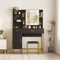 Vanity Desk with Mirror and Lights, 42.5 Makeup Vanity Set with Stool, Makeup Table with Mirror Cabinet and Chair, Drawers & Shelves