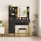 Vanity Desk with Mirror and Lights, 42.5 Makeup Vanity Set with Stool, Makeup Table with Mirror Cabinet and Chair, Drawers & Shelves