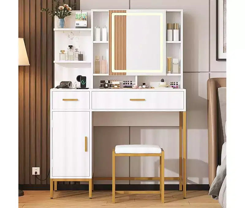 Toeletta con specchio e luci, toeletta da trucco da 108 cm con sgabello, tavolo da trucco con mobile a specchio e sedia, cassetti e ripiani