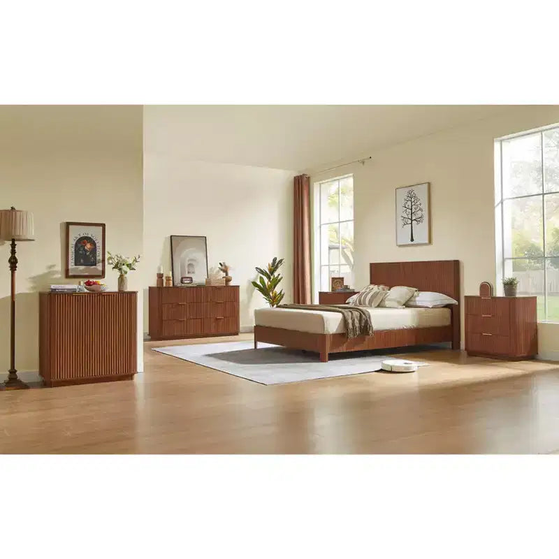 Comò a 6 cassetti, design moderno curvo a onda da 55 pollici di larghezza, mobile TV e toletta a doppia funzione, armadietto in legno, noce