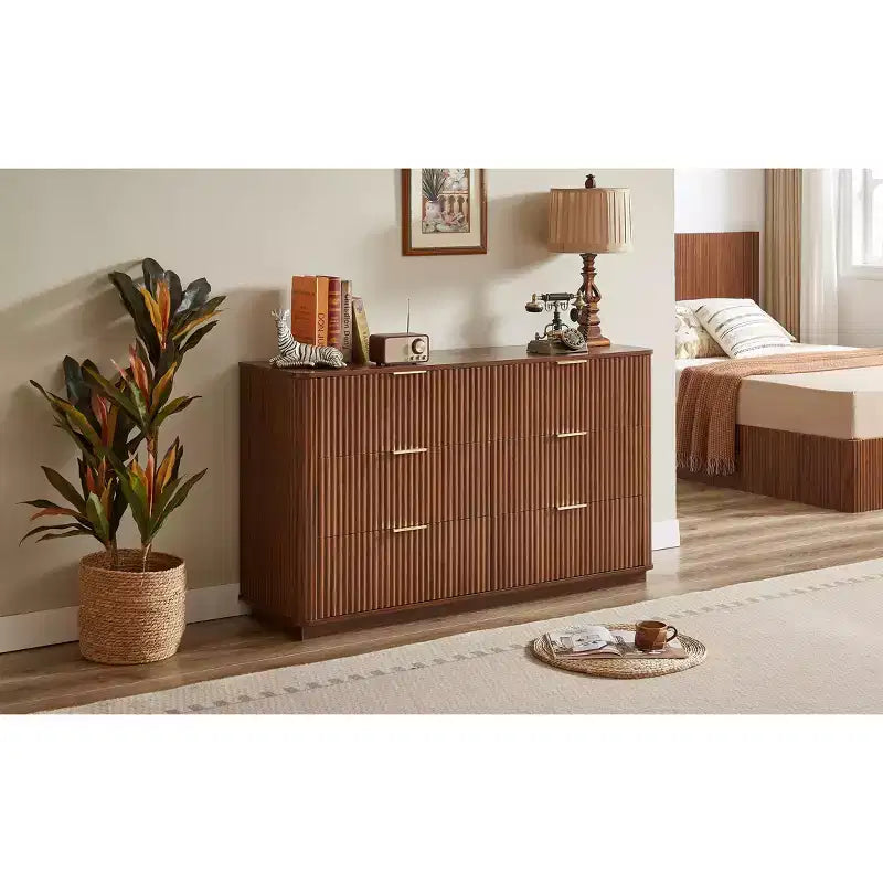 Comò a 6 cassetti, design moderno curvo a onda da 55 pollici di larghezza, mobile TV e toletta a doppia funzione, armadietto in legno, noce