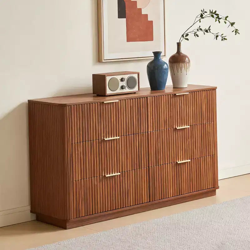 Comò a 6 cassetti, design moderno curvo a onda da 55 pollici di larghezza, mobile TV e toletta a doppia funzione, armadietto in legno, noce