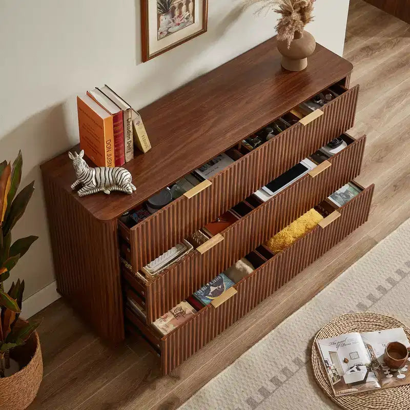Comò a 6 cassetti, design moderno curvo a onda da 55 pollici di larghezza, mobile TV e toletta a doppia funzione, armadietto in legno, noce