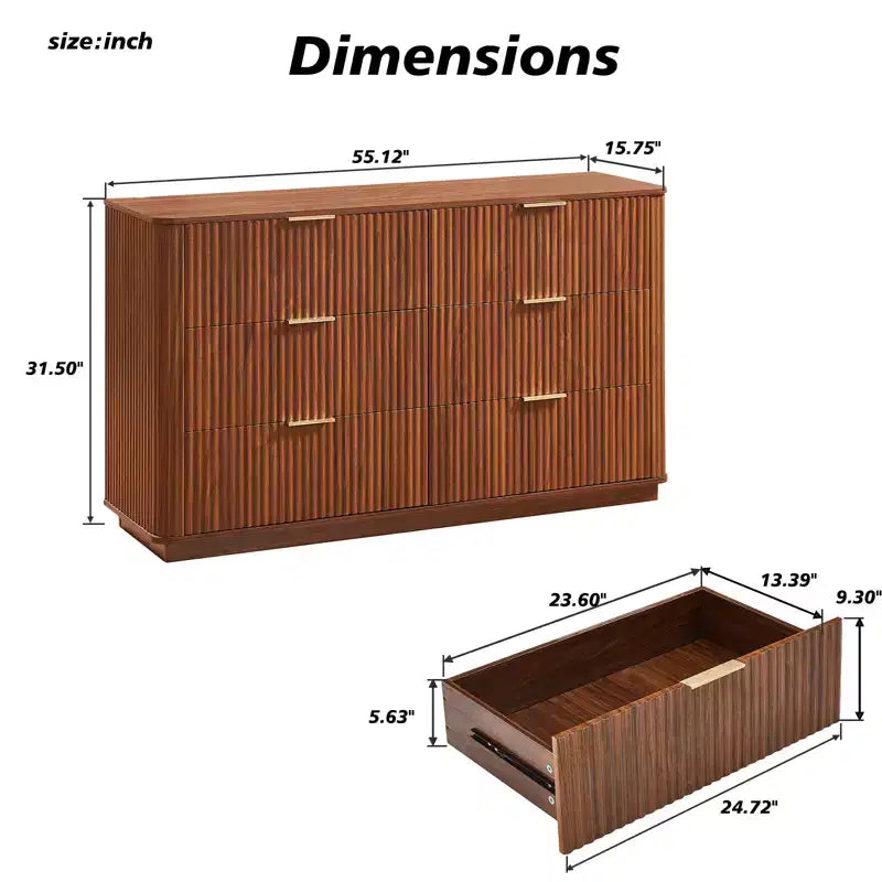 Comò a 6 cassetti, design moderno curvo a onda da 55 pollici di larghezza, mobile TV e toletta a doppia funzione, armadietto in legno, noce
