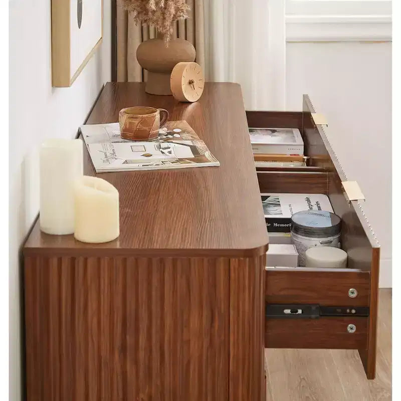 Comò a 6 cassetti, design moderno curvo a onda da 55 pollici di larghezza, mobile TV e toletta a doppia funzione, armadietto in legno, noce