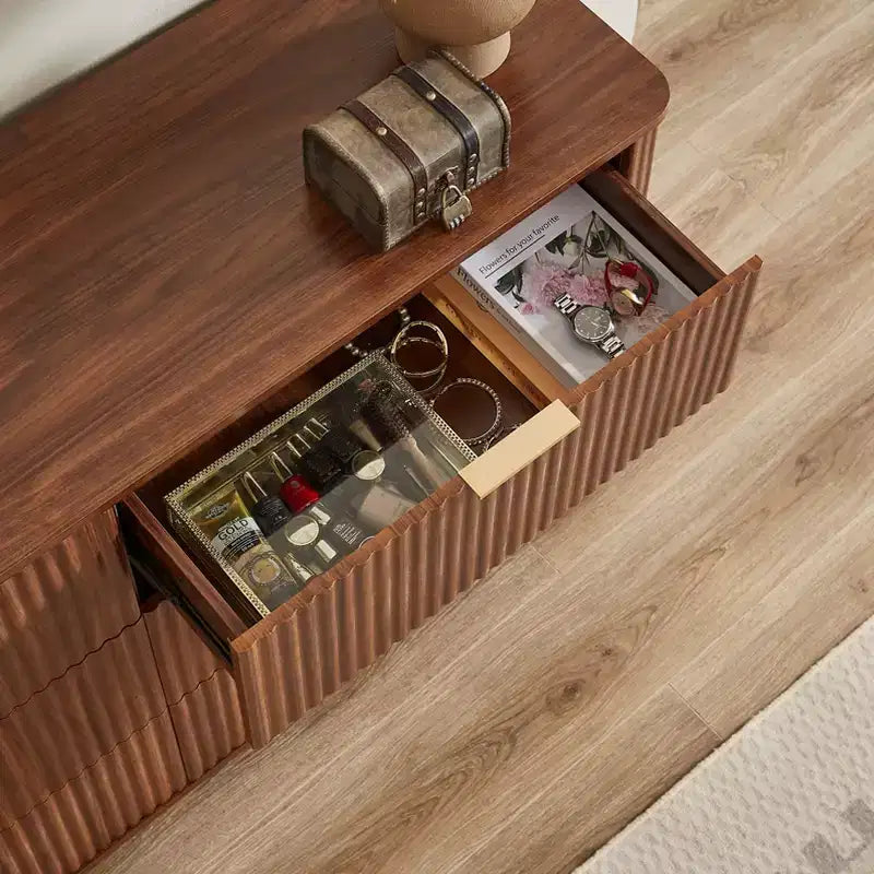 Comò a 6 cassetti, design moderno curvo a onda da 55 pollici di larghezza, mobile TV e toletta a doppia funzione, armadietto in legno, noce