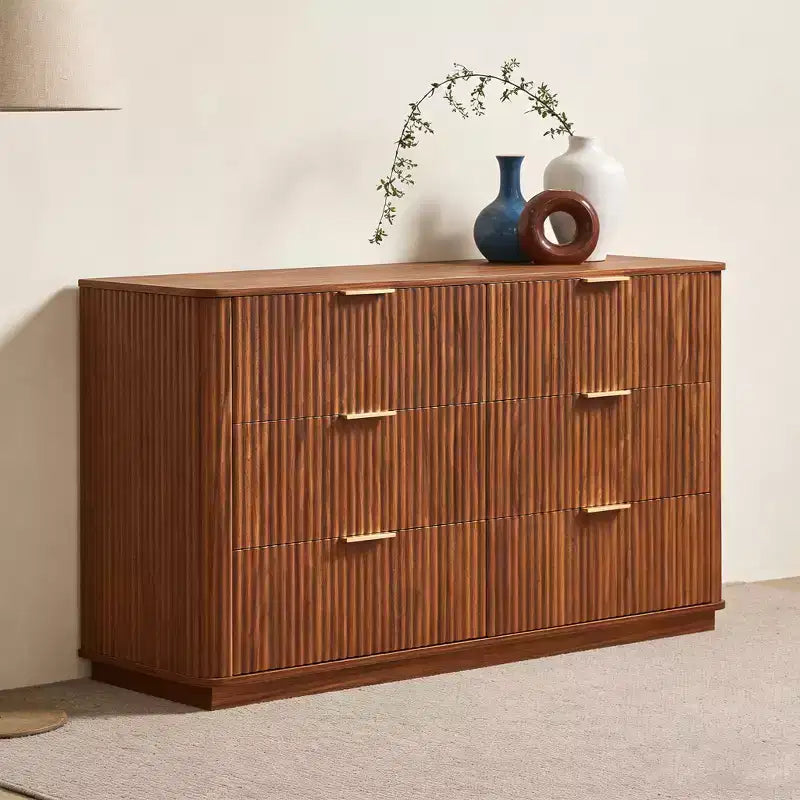 Comò a 6 cassetti, design moderno curvo a onda da 55 pollici di larghezza, mobile TV e toletta a doppia funzione, armadietto in legno, noce