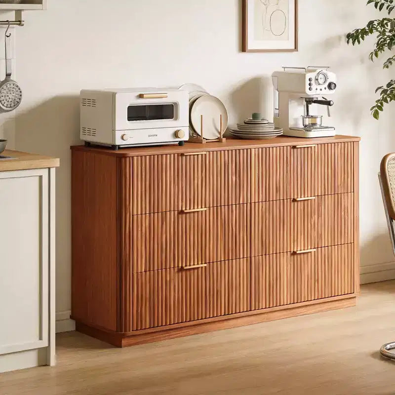 Comò a 6 cassetti, design moderno curvo a onda da 55 pollici di larghezza, mobile TV e toletta a doppia funzione, armadietto in legno, noce