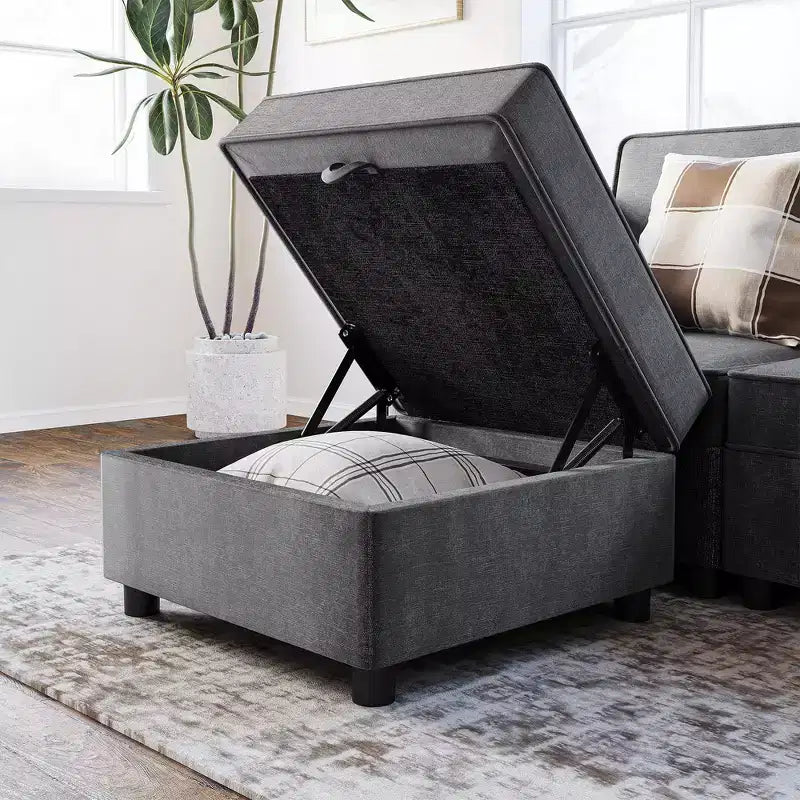 Divano, Divano modulare singolo con pouf contenitore, schienale/bracciolo regolabile in ciniglia per soggiorno/camera da letto/ufficio di piccole dimensioni, grigio scuro