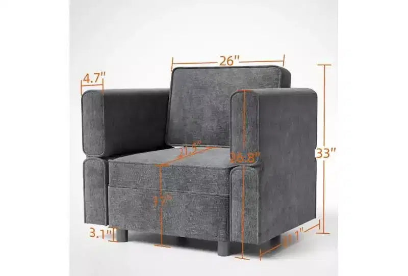 Divano, Divano modulare singolo con pouf contenitore, schienale/bracciolo regolabile in ciniglia per soggiorno/camera da letto/ufficio di piccole dimensioni, grigio scuro