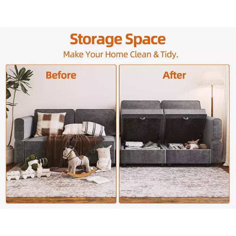 Divano, Divano modulare singolo con pouf contenitore, schienale/bracciolo regolabile in ciniglia per soggiorno/camera da letto/ufficio di piccole dimensioni, grigio scuro