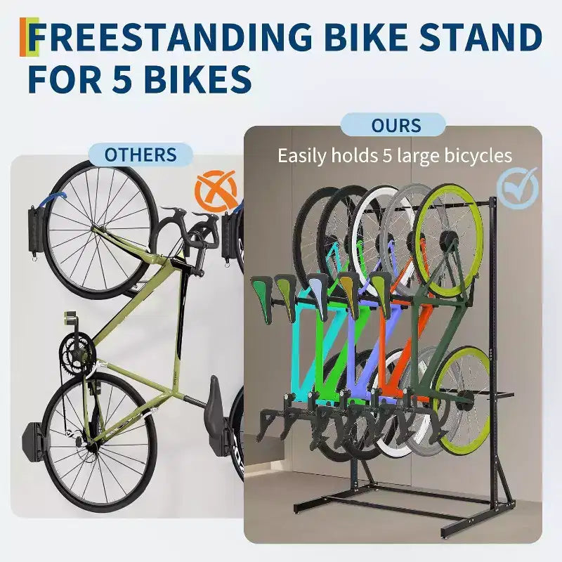 Portabiciclette Autoportante, Capacità 5 Bici 180 kg, Cavalletto Verticale per Bici da Garage, Organizer per Biciclette da Interno, Contiene Fino a 5 Bici