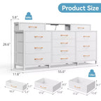 Comò a 12 cassetti bianco per camera da letto con luci LED e prese di corrente, cassettiera in tessuto larga 140 cm con 2 ripiani, piano in legno, ampio mobile multimediale