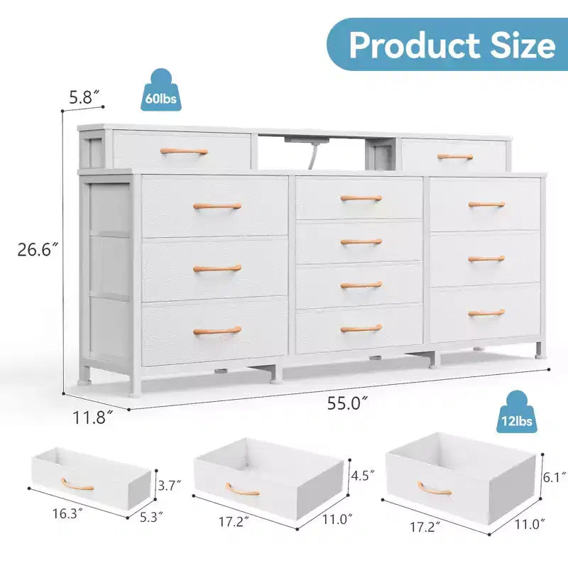 Comò a 12 cassetti bianco per camera da letto con luci LED e prese di corrente, cassettiera in tessuto larga 140 cm con 2 ripiani, piano in legno, ampio mobile multimediale