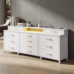 Comò a 12 cassetti bianco per camera da letto con luci LED e prese di corrente, cassettiera in tessuto larga 140 cm con 2 ripiani, piano in legno, ampio mobile multimediale