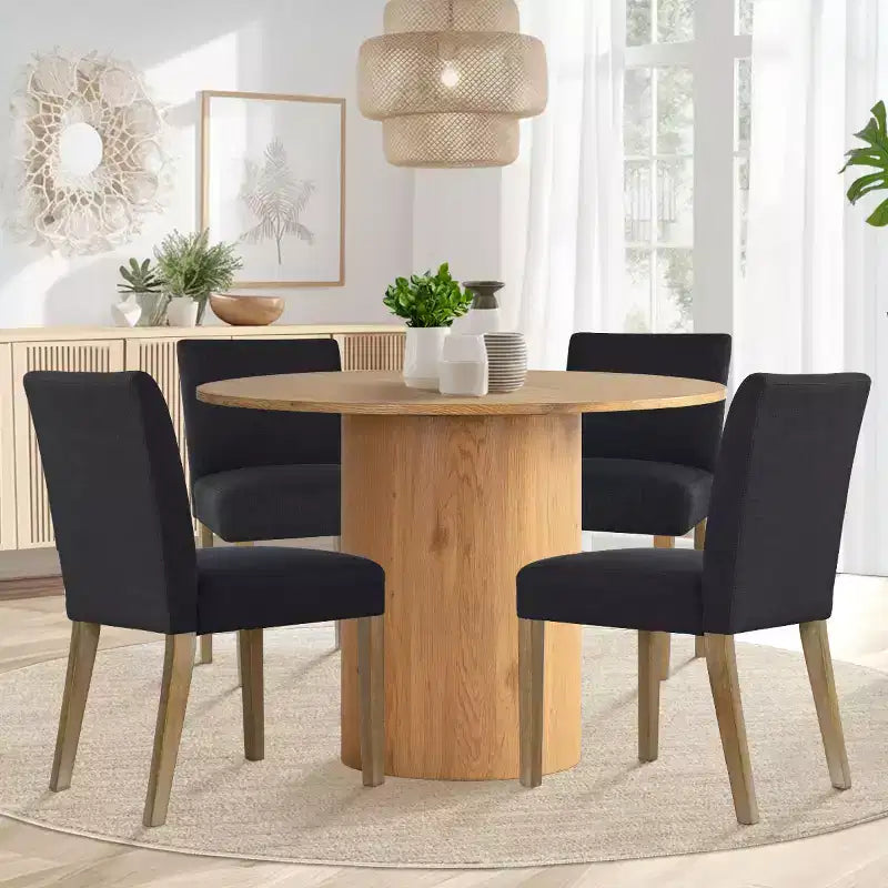 Tavolo da pranzo rotondo da 5 pezzi e 4 sedie imbottite, tavolo a piedistallo moderno in legno per cucina, angolo colazione o sala da pranzo