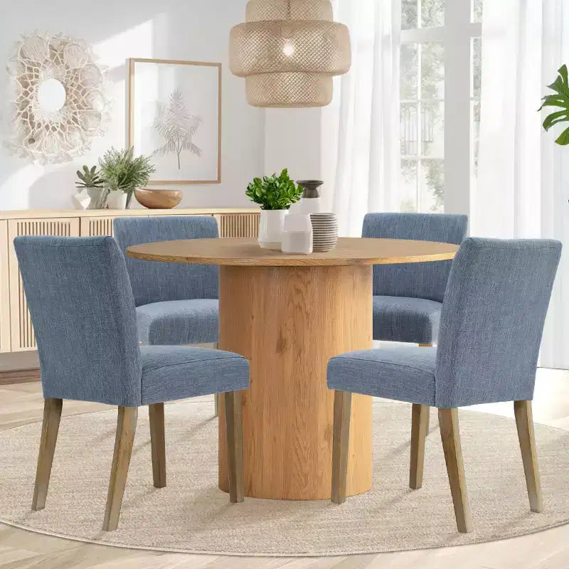 Tavolo da pranzo rotondo da 5 pezzi e 4 sedie imbottite, tavolo a piedistallo moderno in legno per cucina, angolo colazione o sala da pranzo