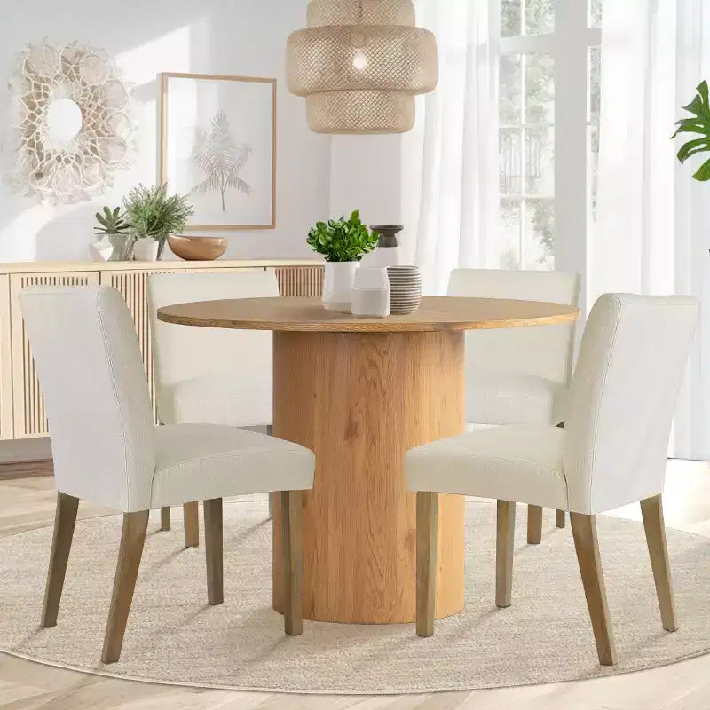Tavolo da pranzo rotondo da 5 pezzi e 4 sedie imbottite, tavolo a piedistallo moderno in legno per cucina, angolo colazione o sala da pranzo