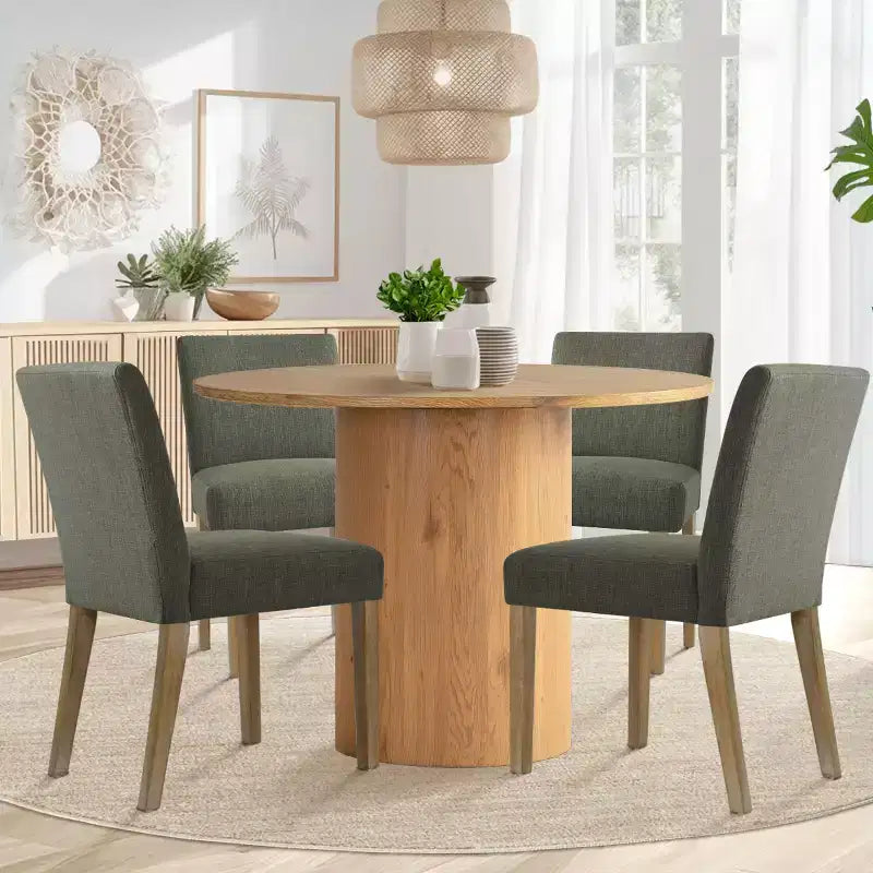 Tavolo da pranzo rotondo da 5 pezzi e 4 sedie imbottite, tavolo a piedistallo moderno in legno per cucina, angolo colazione o sala da pranzo