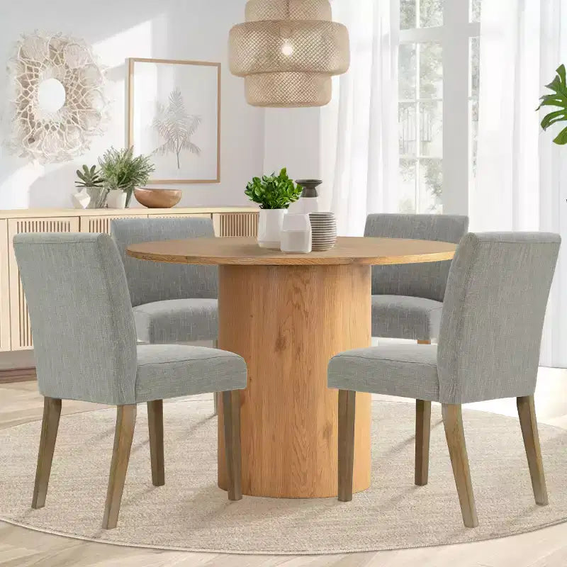 Tavolo da pranzo rotondo da 5 pezzi e 4 sedie imbottite, tavolo a piedistallo moderno in legno per cucina, angolo colazione o sala da pranzo