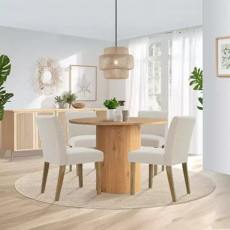 Tavolo da pranzo rotondo da 5 pezzi e 4 sedie imbottite, tavolo a piedistallo moderno in legno per cucina, angolo colazione o sala da pranzo