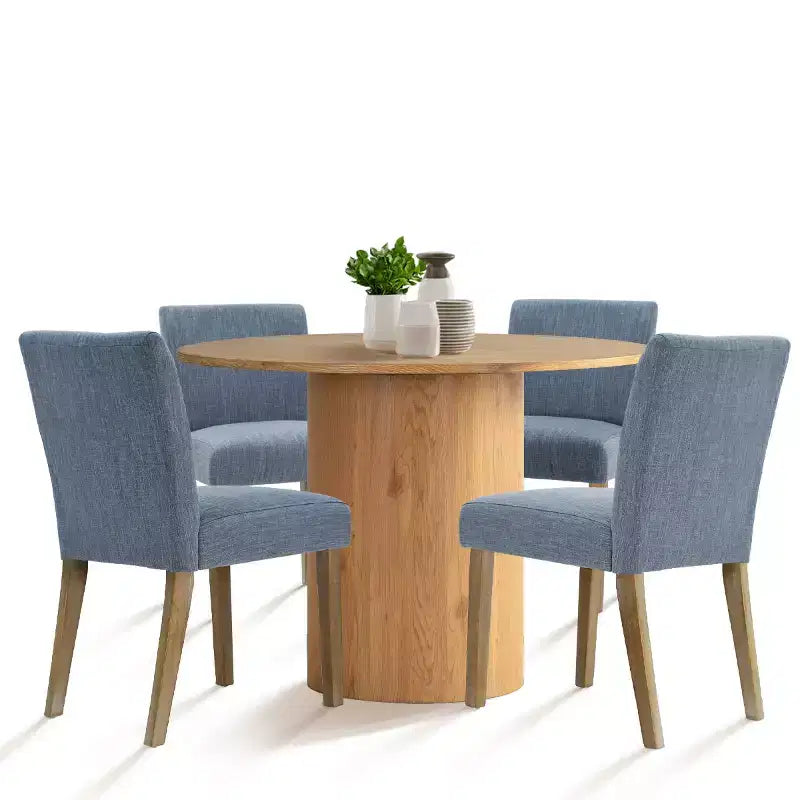 Tavolo da pranzo rotondo da 5 pezzi e 4 sedie imbottite, tavolo a piedistallo moderno in legno per cucina, angolo colazione o sala da pranzo