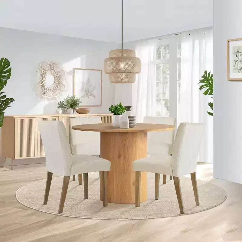Tavolo da pranzo rotondo da 5 pezzi e 4 sedie imbottite, tavolo a piedistallo moderno in legno per cucina, angolo colazione o sala da pranzo