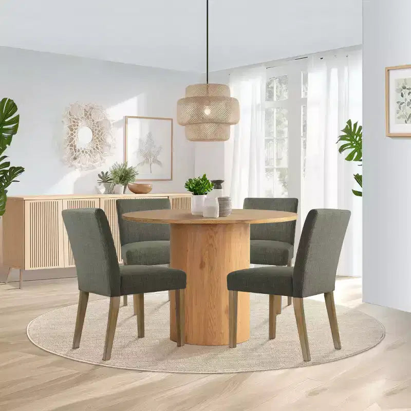 Tavolo da pranzo rotondo da 5 pezzi e 4 sedie imbottite, tavolo a piedistallo moderno in legno per cucina, angolo colazione o sala da pranzo