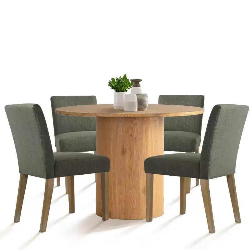 Tavolo da pranzo rotondo da 5 pezzi e 4 sedie imbottite, tavolo a piedistallo moderno in legno per cucina, angolo colazione o sala da pranzo