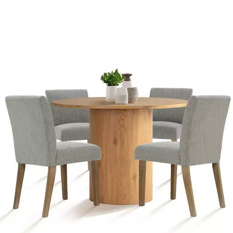 Tavolo da pranzo rotondo da 5 pezzi e 4 sedie imbottite, tavolo a piedistallo moderno in legno per cucina, angolo colazione o sala da pranzo