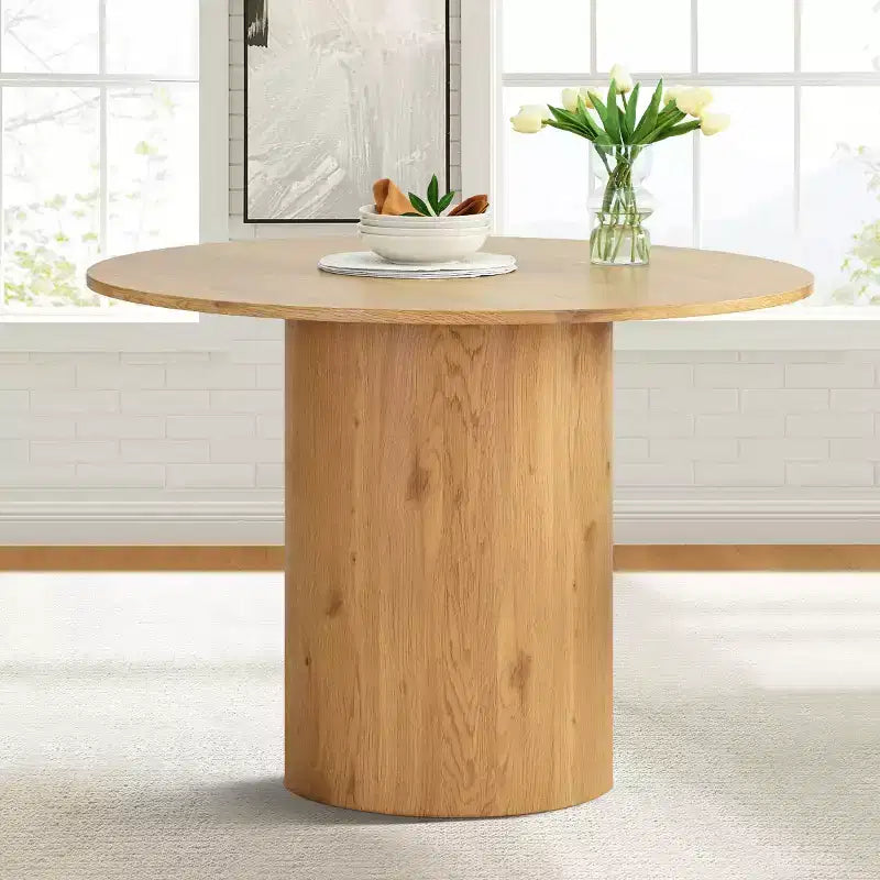Tavolo da pranzo rotondo da 5 pezzi e 4 sedie imbottite, tavolo a piedistallo moderno in legno per cucina, angolo colazione o sala da pranzo
