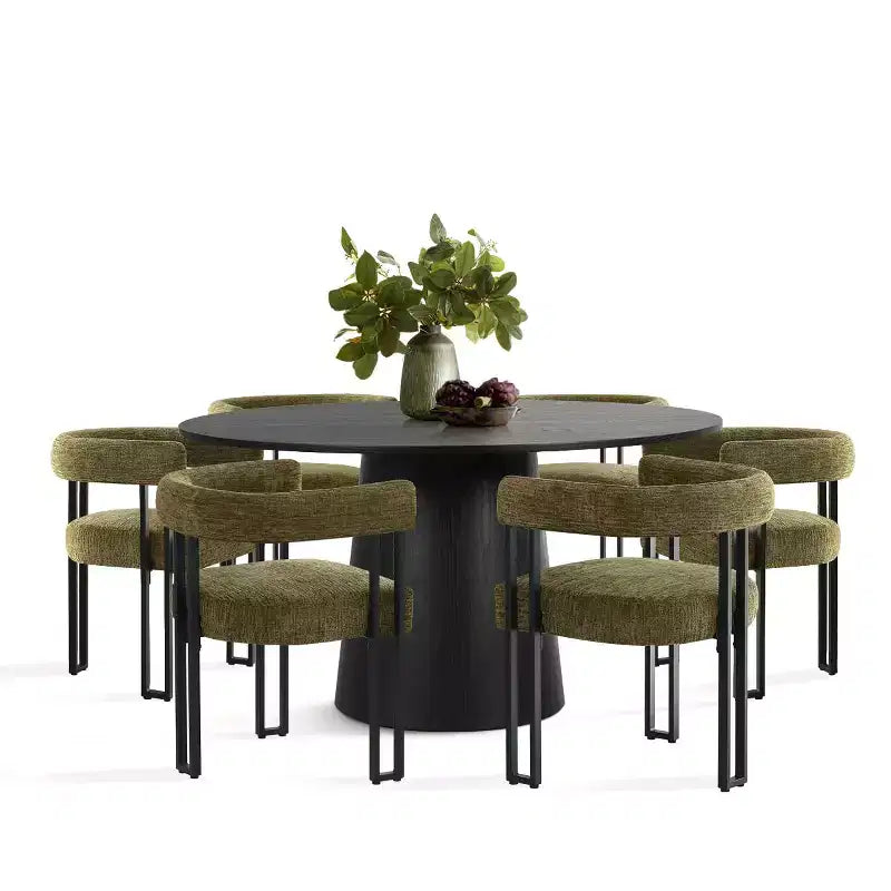 Set da pranzo rotondo da 7 pezzi con 6 sedie imbottite in ciniglia, tavolo moderno con piedistallo da 52 pollici con sedie da pranzo con gambe in metallo per la cucina-Panipeachy