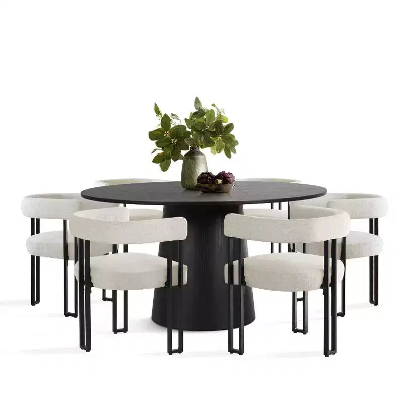 Set da pranzo rotondo da 7 pezzi con 6 sedie imbottite in ciniglia, tavolo moderno con piedistallo da 52 pollici con sedie da pranzo con gambe in metallo per la cucina-Panipeachy
