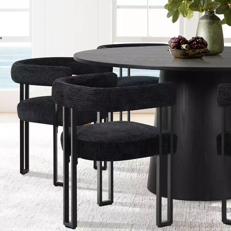 Set da pranzo rotondo da 7 pezzi con 6 sedie imbottite in ciniglia, tavolo moderno con piedistallo da 52 pollici con sedie da pranzo con gambe in metallo per la cucina-Panipeachy