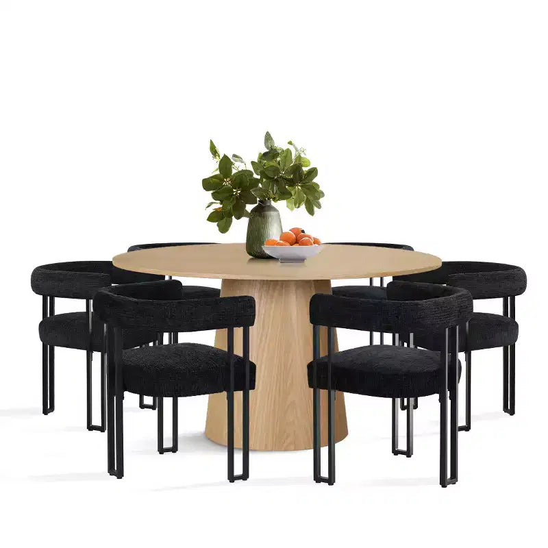 Set da pranzo rotondo da 7 pezzi con 6 sedie imbottite in ciniglia, tavolo moderno con piedistallo da 52 pollici con sedie da pranzo con gambe in metallo per la cucina-Panipeachy