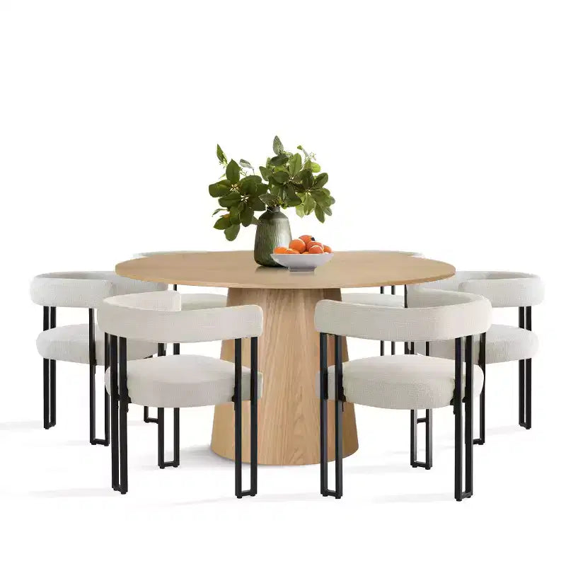 Set da pranzo rotondo da 7 pezzi con 6 sedie imbottite in ciniglia, tavolo moderno con piedistallo da 52 pollici con sedie da pranzo con gambe in metallo per la cucina-Panipeachy