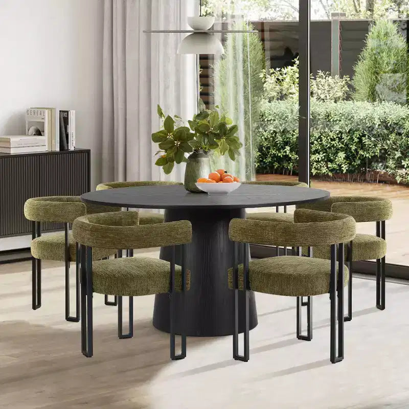 Set da pranzo rotondo da 7 pezzi con 6 sedie imbottite in ciniglia, tavolo moderno con piedistallo da 52 pollici con sedie da pranzo con gambe in metallo per la cucina-Panipeachy