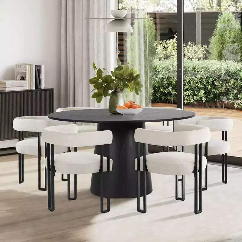 Set da pranzo rotondo da 7 pezzi con 6 sedie imbottite in ciniglia, tavolo moderno con piedistallo da 52 pollici con sedie da pranzo con gambe in metallo per la cucina-Panipeachy