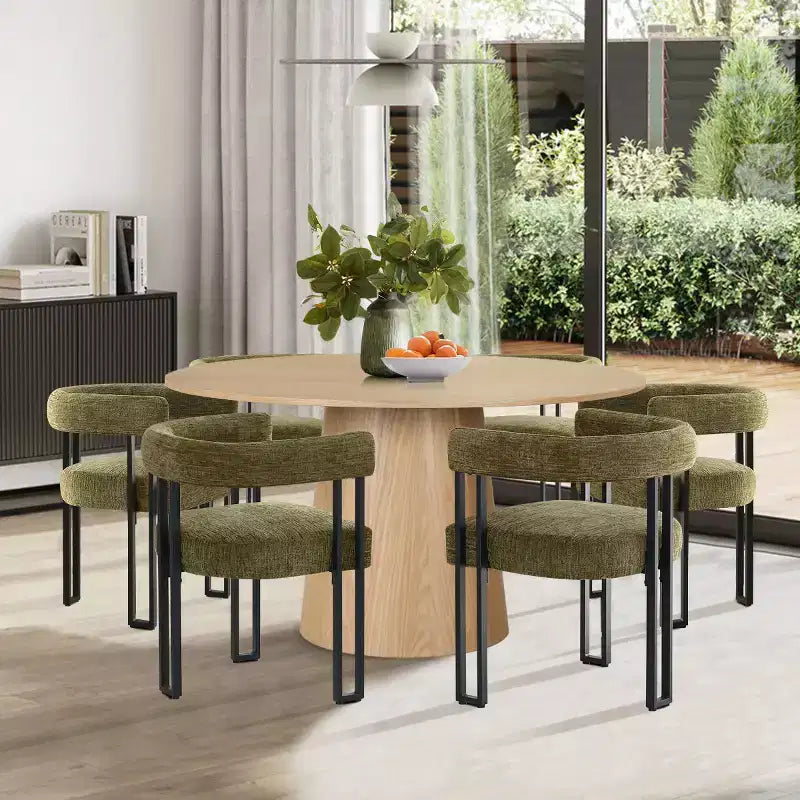 Set da pranzo rotondo da 7 pezzi con 6 sedie imbottite in ciniglia, tavolo moderno con piedistallo da 52 pollici con sedie da pranzo con gambe in metallo per la cucina-Panipeachy