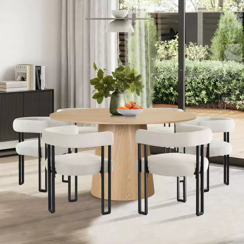 Set da pranzo rotondo da 7 pezzi con 6 sedie imbottite in ciniglia, tavolo moderno con piedistallo da 52 pollici con sedie da pranzo con gambe in metallo per la cucina-Panipeachy