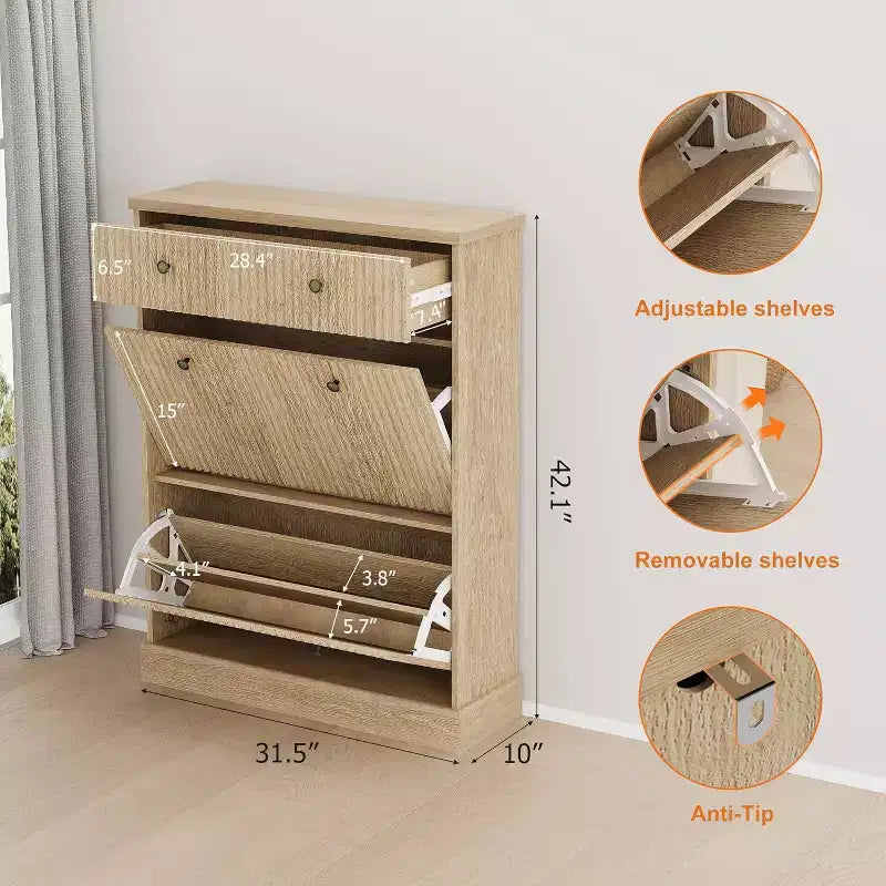 Scarpiera Alta con scanalature: Dotata di 2 Ante a ribalta e 1 Cassetto superiore con ripiani regolabili. Organizzatore Stretto Autoportante per Ingresso o Corridoio.