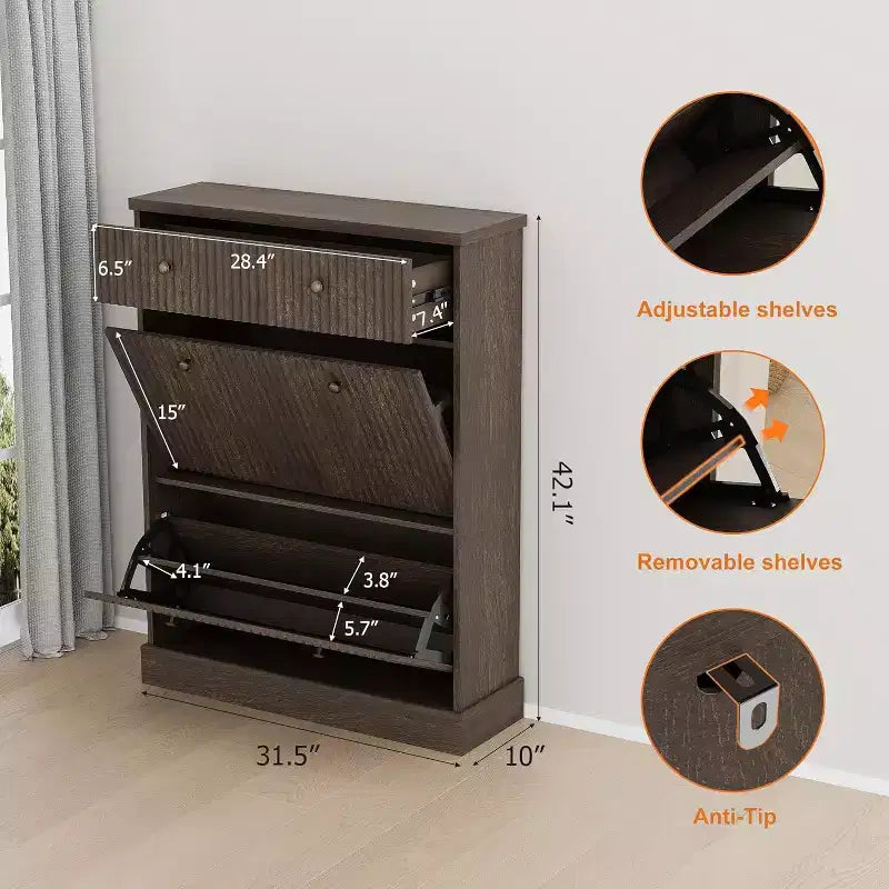 Scarpiera Alta con scanalature: Dotata di 2 Ante a ribalta e 1 Cassetto superiore con ripiani regolabili. Organizzatore Stretto Autoportante per Ingresso o Corridoio.