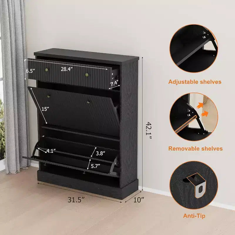 Scarpiera Alta con scanalature: Dotata di 2 Ante a ribalta e 1 Cassetto superiore con ripiani regolabili. Organizzatore Stretto Autoportante per Ingresso o Corridoio.