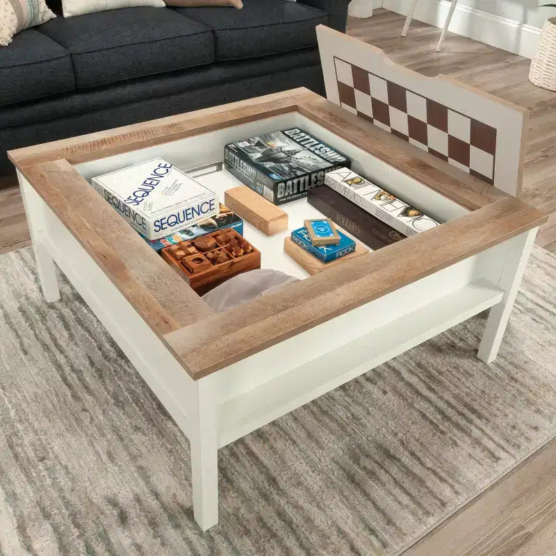 Tavolino Moderno Quadrato con Piano da Gioco e Contenitore Nascosto